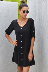 Buttoned V-Neck Dress Black OutfitFlow