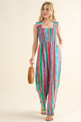 And The Why Full Size Striped Smocked Sleeveless Jumpsuit STRIPE OutfitFlow