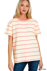 Zenana Textured Striped Crew Neck T-Shirt DK PINK OutfitFlow