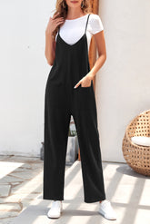Pocketed Spaghetti Strap Wide Leg Jumpsuit Black OutfitFlow