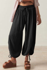 Drawstring Ruched Pants Black OutfitFlow