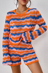 Striped Sweater and Knit Shorts Set Orange-Red OutfitFlow