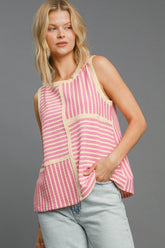 Umgee Round Neck Texture Striped Tank Pink OutfitFlow
