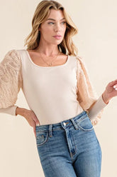 And The Why Textured Puff Sleeve Bodysuit Beige OutfitFlow