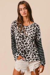 BiBi Leopard Hacci Knit Twist Back Top With Stripe Sleeve LEOPARD BLACK OutfitFlow