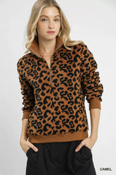 Umgee Leopard Print Quarter-Zip Sweatshirt Camel OutfitFlow