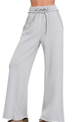 Zenana Fleece Exposed Seam Wide Leg Sweatpants H GREY OutfitFlow