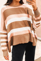 Striped Round Neck Long Sleeve Sweater Tan OutfitFlow