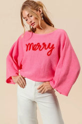 SO ME Merry Tinsel Lettering Christmas Sweater Top PINK RED OutfitFlow