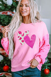 Valentine’s Day Sequin Heart Long Sleeve Sweatshirt Fuchsia Pink OutfitFlow