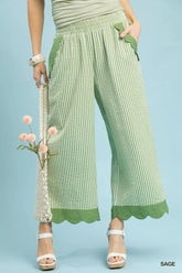 Umgee Stripe Scallop Hem Wide Leg Pants SAGE OutfitFlow