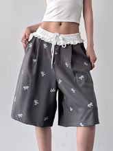 Bow Print Wide Leg Shorts with Contrast Ruffle Waistband Grey OutfitFlow