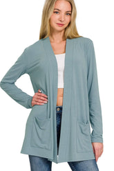 Zenana Slouchy Lightweight Open Front Pocket Cardigan BLUE GREY OutfitFlow