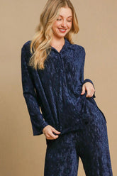 Umgee Side Slit Texture Button Up Shirt Navy OutfitFlow