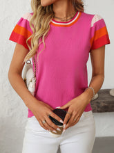 Mandy Contrast Round Neck Short Sleeve Knit Top Hot Pink OutfitFlow