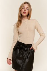 And The Why Half Button Round Neck Long Sleeve Bodysuit Beige OutfitFlow