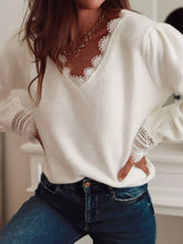 Lace Trim V-Neck Sweater White OutfitFlow