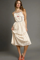 Umgee Striped Colorful Embroidered Trim Cami Dress Tan OutfitFlow