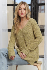 ADORA High-Low Side Slit V-Neck Sweater Yellow-Green OutfitFlow
