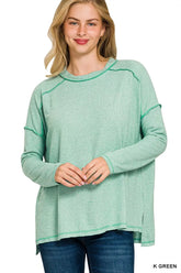 Zenana Full Size Melange Hacci Exposed Seam Hi-low Tee Plus Size K GREEN OutfitFlow