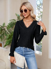 Lace Detail Eyelet V-Neck Flounce Sleeve Blouse Black OutfitFlow