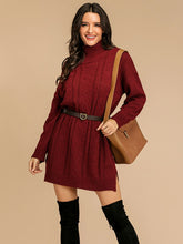 Perfee Slit Turtleneck Long Sleeve Mini Sweater Dress Burgundy OutfitFlow