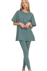 Zenana Cotton Round Neck Top & Legging Set ASH JADE OutfitFlow