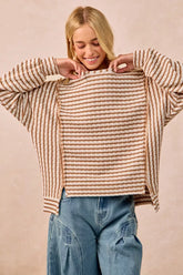 BiBi Open Seam Detail Textured Stripe Knit Top CAMEL OutfitFlow