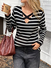 Striped Cross Front Long Sleeve Knit Top Black OutfitFlow