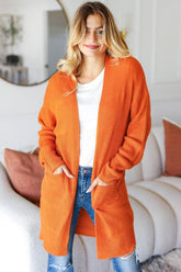 Haptics Full Size Stripe Textured Open Front Cardigan with Pockets Rust OutfitFlow