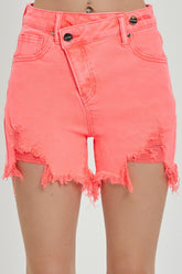 RISEN Raw Hem Asymmetrical Waist Denim Shorts Coral Pink OutfitFlow