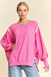 Davi & Dani Side Slit High-Low Lantern Sleeve Knit Top Fuchsia Pink OutfitFlow