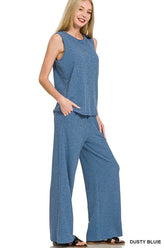 Zenana Cotton Slub Tank & Pants Set DUSTY BLUE OutfitFlow