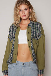 POL Plaid Button Down Shirt with Chest Pockets Olive OutfitFlow