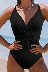Twisted Crisscross V-Neck One-Piece Swimwear Black OutfitFlow