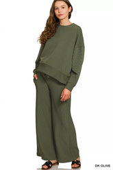 Zenana Ribbed Round Neck Pullover and Drawstring Pants Set DK OLIVE OutfitFlow