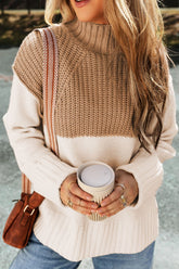 Slit Color Block Turtleneck Long Sleeve Sweater Camel OutfitFlow