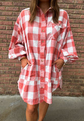 Plaid Collared Neck Long Sleeve Shirt Dress Strawberry OutfitFlow