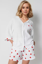 Basic Bae Heart Collared Neck Button Down Top and Shorts Set White OutfitFlow