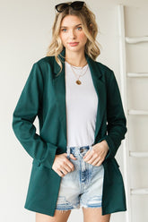 First Love Full Size Open Front Long Sleeve Blazer with Pockets Hunter Green OutfitFlow