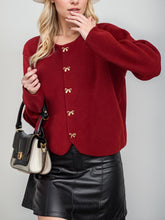 Bow Button Down Round Neck Long Sleeve Cardigan Burgundy One Size OutfitFlow