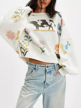 Print Round Neck Oversized Sweatshirt White OutfitFlow