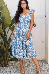 Floral Flutter Shoulder Tiered Flowy Midi Dress Dusty Blue OutfitFlow