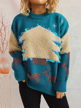Sequin Christmas Tree & Reindeer Round Neck Sweater Sky Blue OutfitFlow