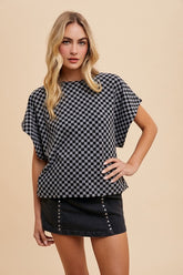 Annie Wear Checkered Round Neck Short Sleeve T-Shirt Black OutfitFlow
