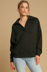 Umgee Johnny Collar Dropped Shoulder Sweatshirt Black OutfitFlow