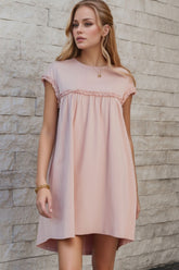 Frilled Trim Crew Neck Cap Sleeve Loose Fit Mini Dress Dusty Pink OutfitFlow