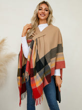 Fringe Contrast Plaid Poncho Sherbet One Size OutfitFlow