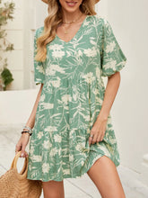 Printed V-Neck Ruffle Hem Mini Dress Green OutfitFlow