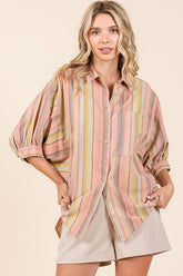 Mittoshop Striped Bubble Sleeve Button Down Shirt Multicolor OutfitFlow
